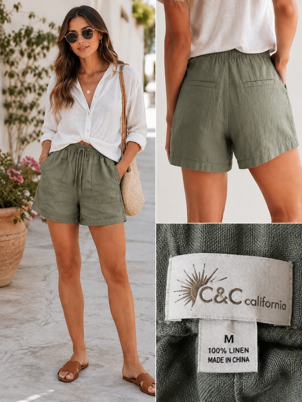 C&C California 100% Linen Olive Sage Green Drawstring Shorts Size M